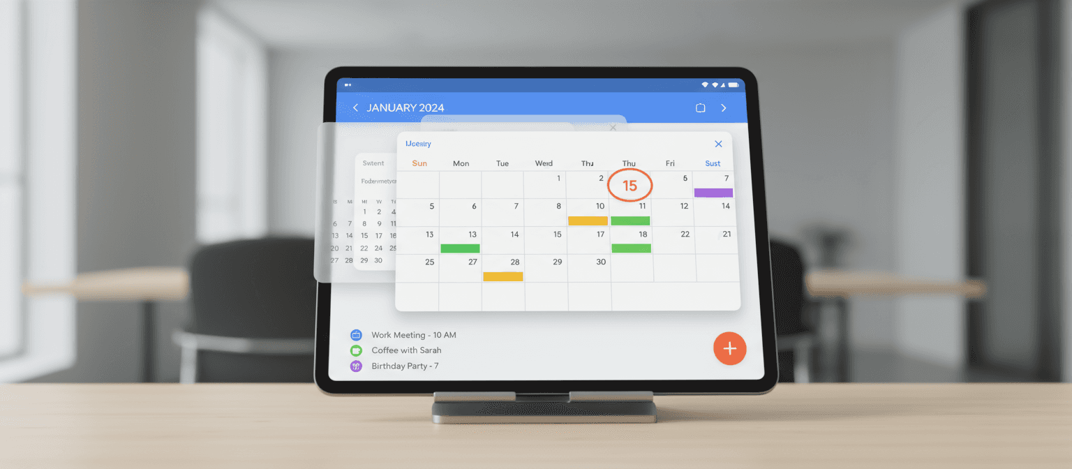 레이어와 생생한 플랫 컬러가 특징인 Material Design 기반의 디지털 2024년 달력.