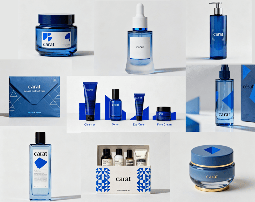 A cohesive set of nine skincare product mockups for the brand 'carat,' generated in a single batch using Seedream 4.0’s multi-reference feature. The image showcases toners, creams, serums, and cleanser packaging in a unified minimalist style with a blue color palette, modern typography, and elegant branding consistency across all items.
