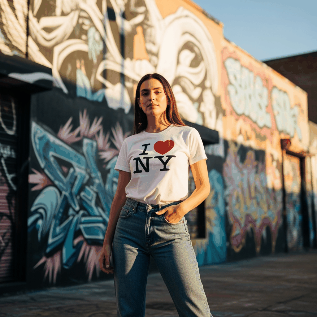 Before-and-after GIF AI image edit replacing ‘I ❤️ NY’ logo with Hello Kitty design on a T-shirt using Nano Banana.