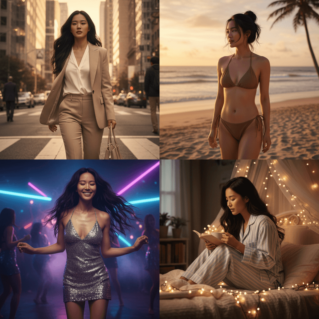 Nano Banana AI generated image series of the same woman in different scenes – office street, beach, club, and bedroom – demonstrating consistent character rendering with outfit and background variation.