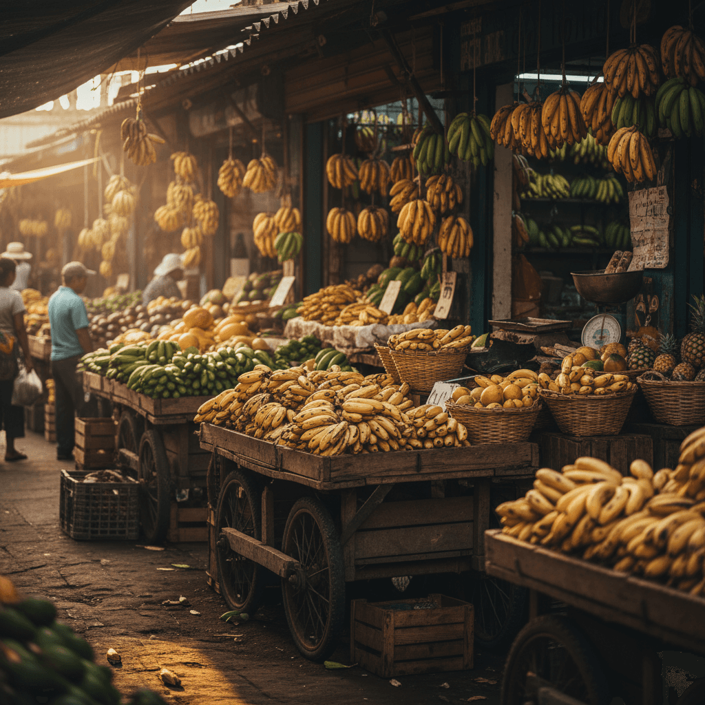 A vibrant outdoor market scene with rows of street stalls. Several carts and stands are piled high with bunches of yellow and green bananas, along with other tropical fruits and vegetables. In the background, people are seen browsing the market. The sunlight casts a warm, realistic glow over the scene.