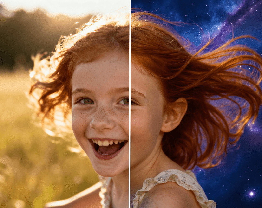 Split-screen before and after comparison showing AI-powered background transformation: left side features a joyful red-haired girl with freckles laughing in natural golden sunlight, right side shows the same girl seamlessly placed against a cosmic starry galaxy background with nebula clouds and flowing hair, demonstrating advanced photo editing capabilities.