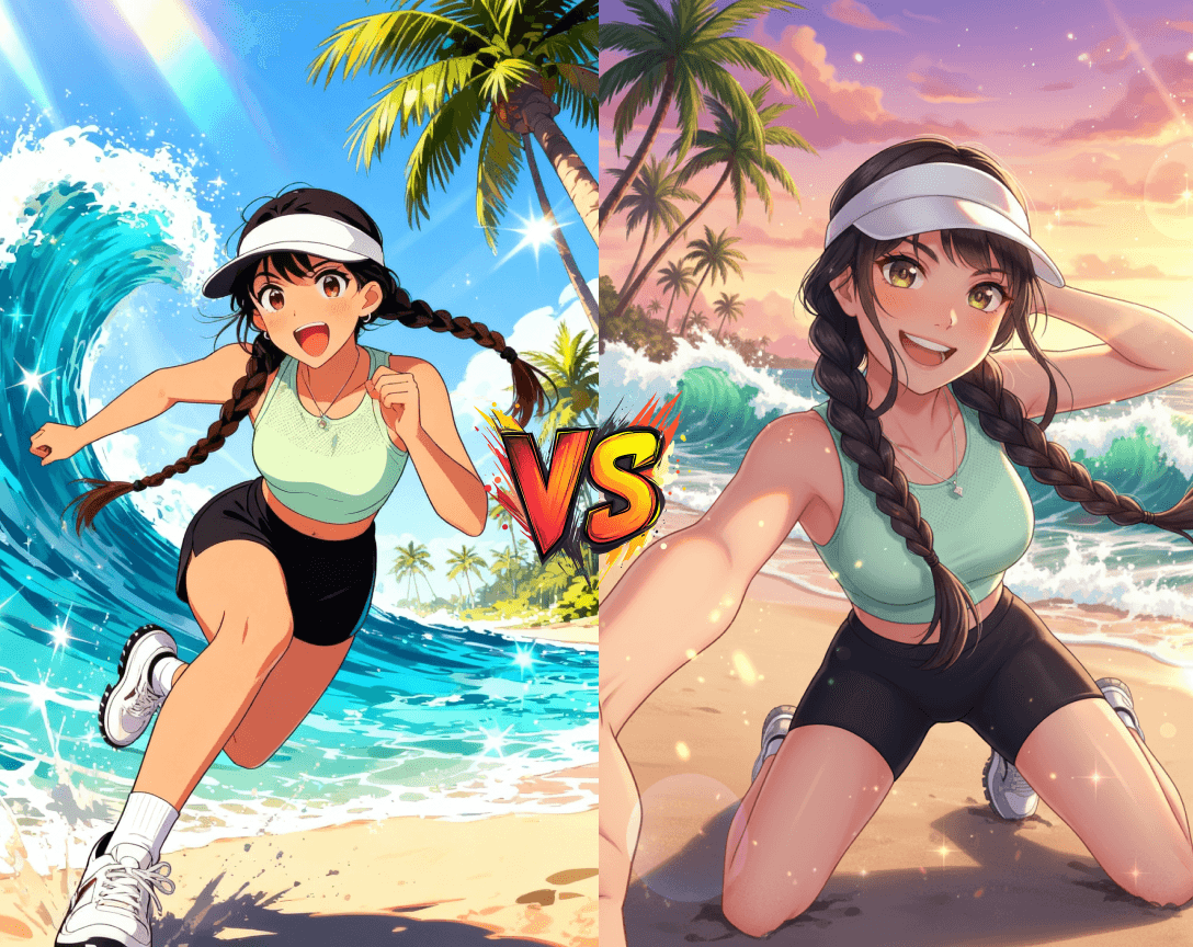 Nano Banana vs Seedream 4.0 comparison image — side-by-side anime-style girl on beach, showcasing vibrant sporty look from both AI models with ‘VS’ in the center.