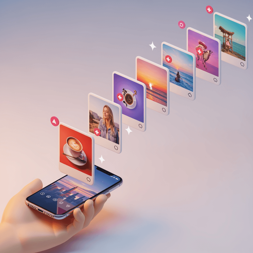 Lebendige Instagram-Foto-Slideshow auf einem Smartphone-Bildschirm auf einem minimalistischen Schreibtisch