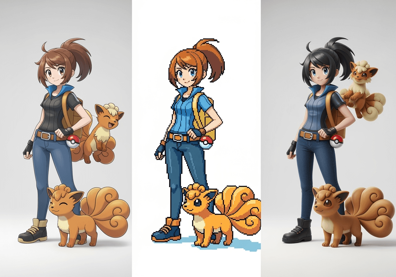 The same Pokémon trainer character shown in three different art styles: anime, pixel art, and realistic.