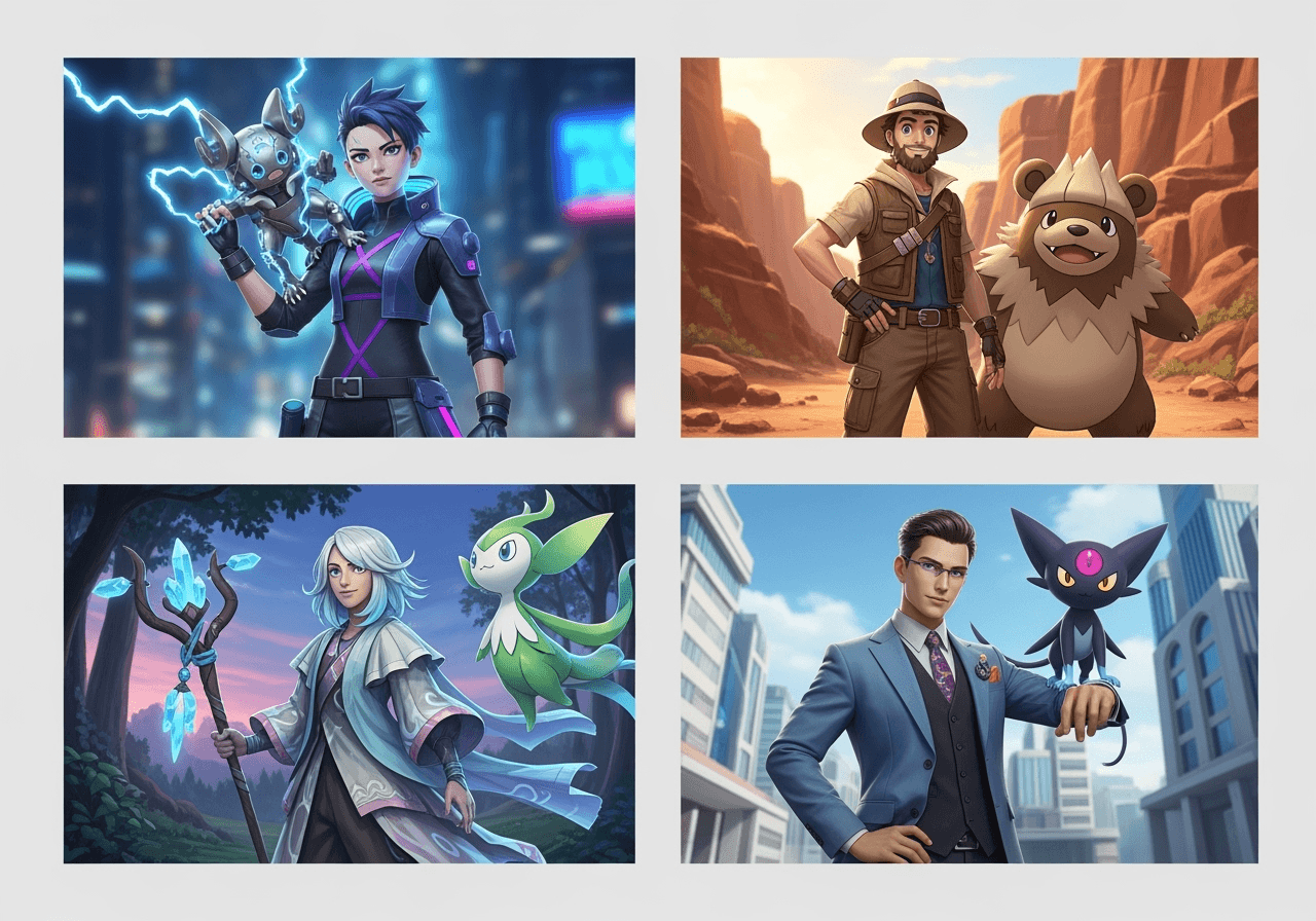 A collage of four different AI-generated Pokémon trainers, showing the variety of characters that can be created.