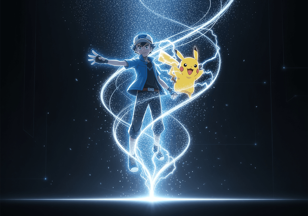 A magical illustration of an AI creating a Pokémon trainer character from light particles.