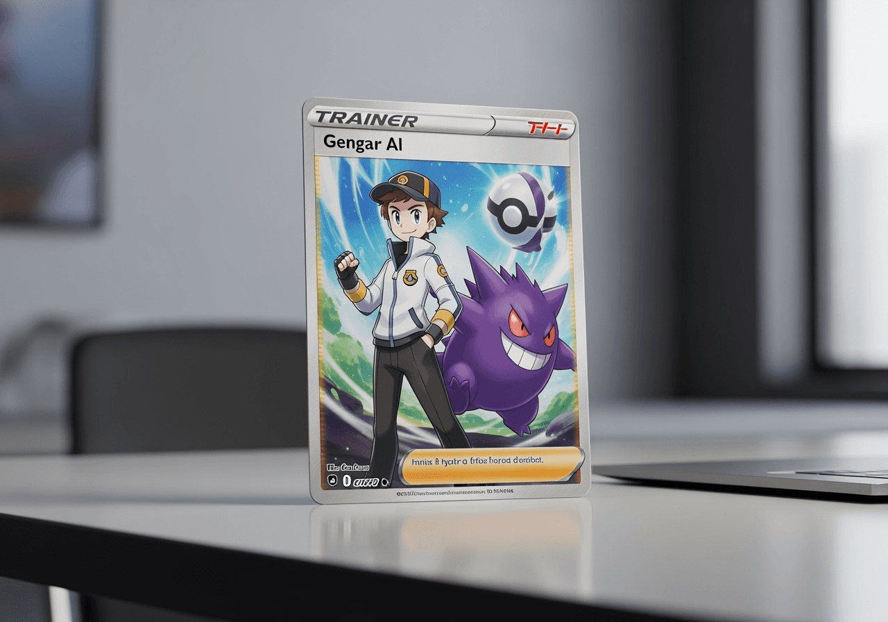 A professionally designed custom Pokémon trainer card with a unique character, lying on a desk.