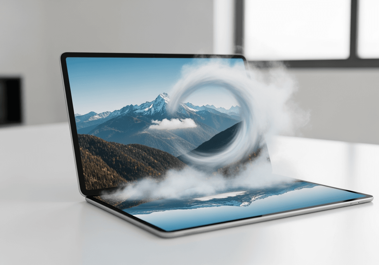 A static photo on a tablet transforms into a dynamic animation, with clouds swirling out of the screen.
