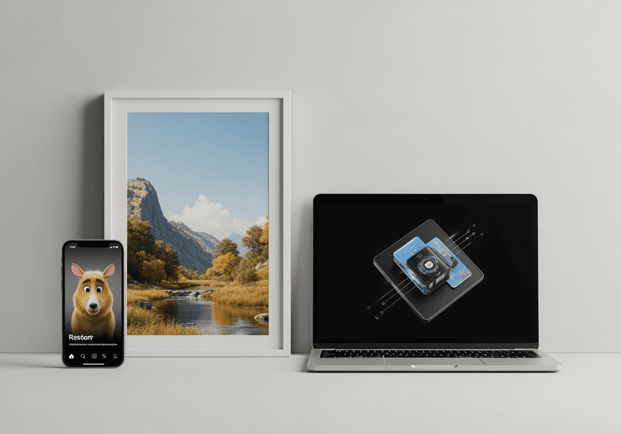 Various devices like a phone, laptop, and digital frame displaying animated pictures for social media, presentations, and art.