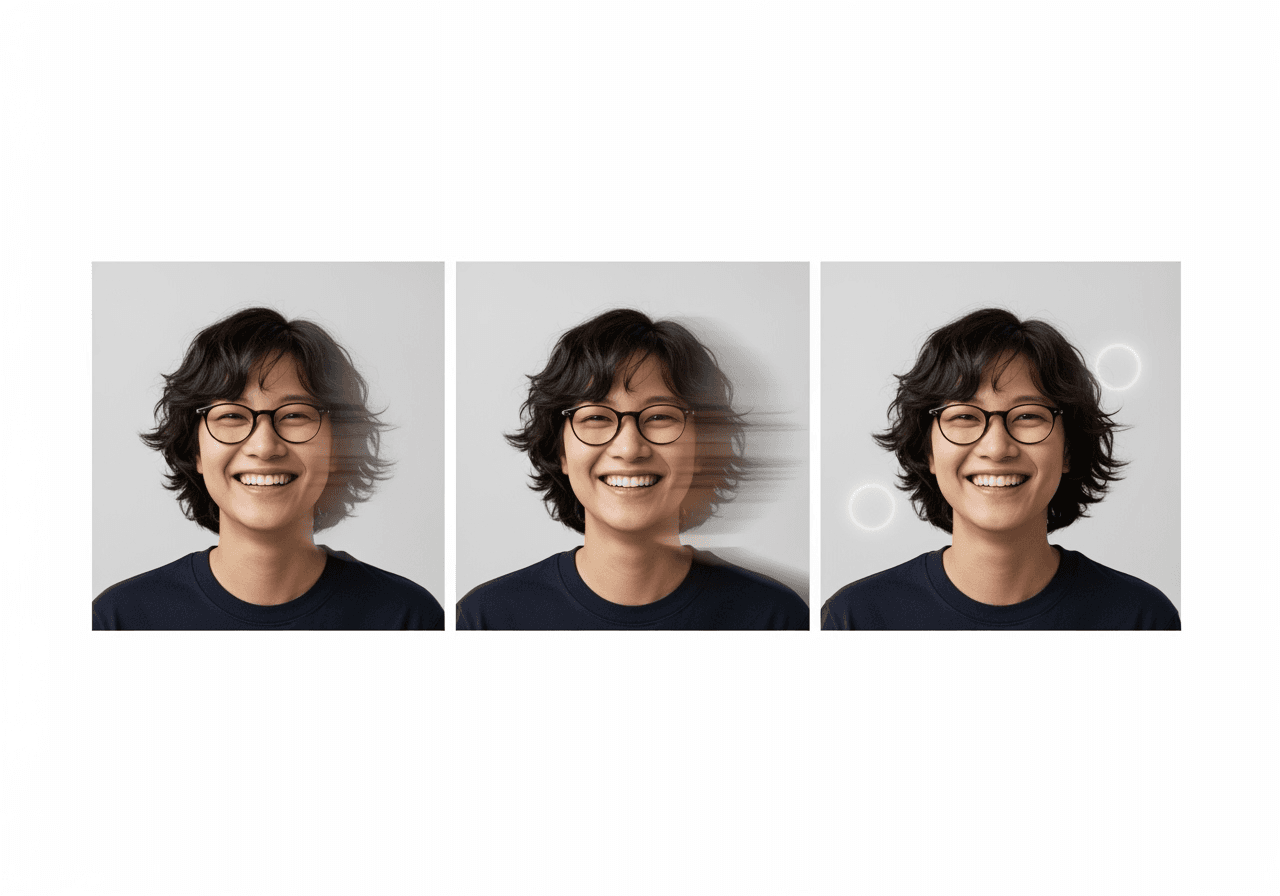 A grid of three portraits demonstrating different AI animation effects like zoom, pan, and float.