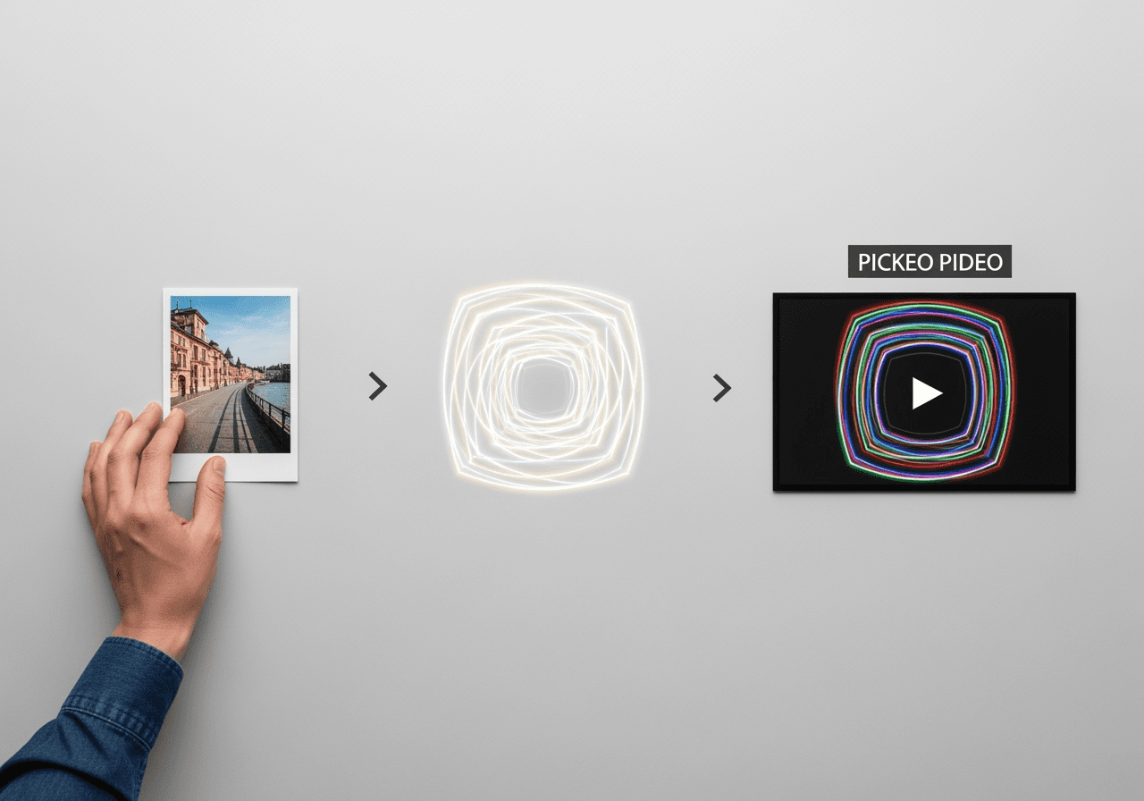 An abstract visual of a simple three-step process for animating a photo: upload, process, and download.