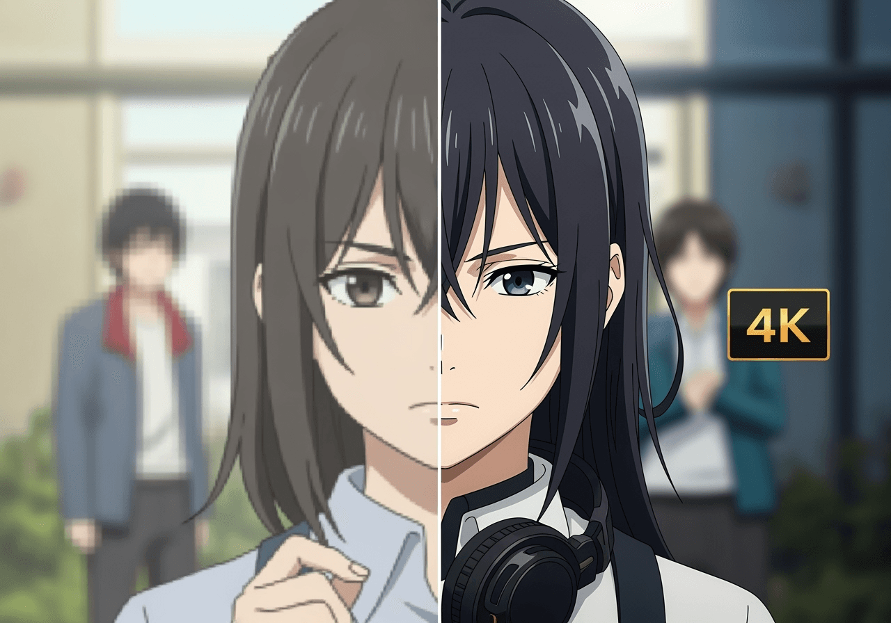 A split-screen image showing the before and after of an anime picture enhanced by an AI upscaler, from blurry to 4K quality.