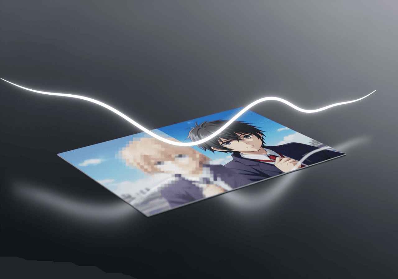 An abstract visual of a simple conversion process, showing a blurry anime image becoming sharp and clear instantly.