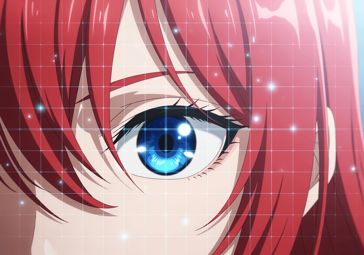 A close-up of an AI restoring the fine details of an anime character's eye and hair, symbolizing resolution enhancement and art style preservation.
