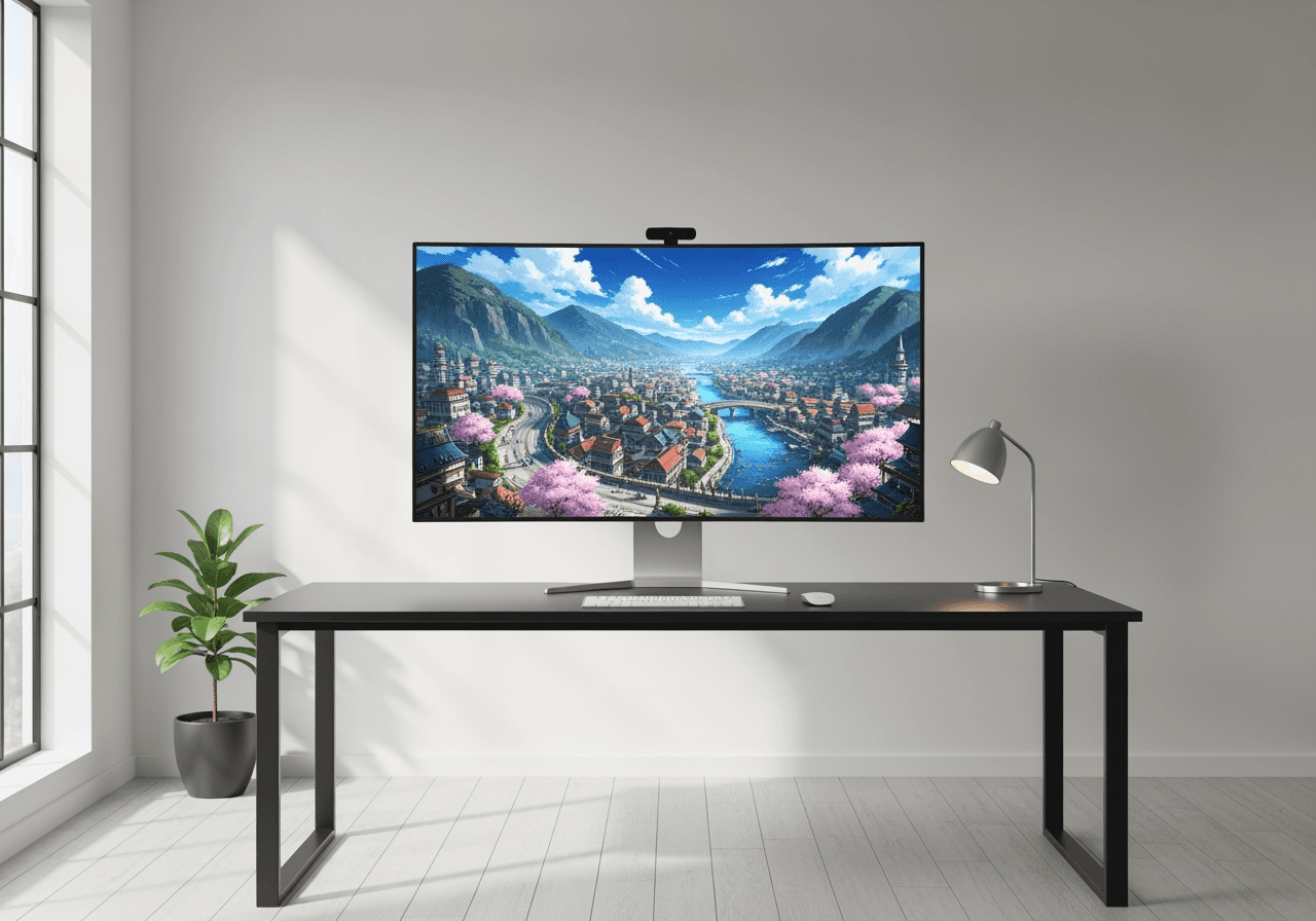 A high-resolution 4K anime wallpaper displayed on a modern monitor in a clean workspace, showcasing a primary use case for the upscaler.