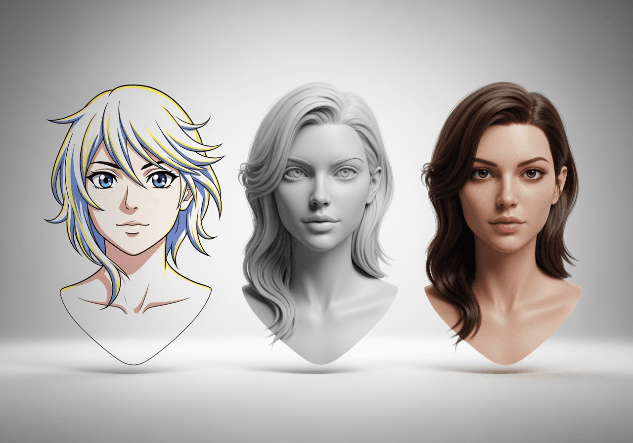 Three character busts demonstrating different art styles: anime, 3D, and realistic.