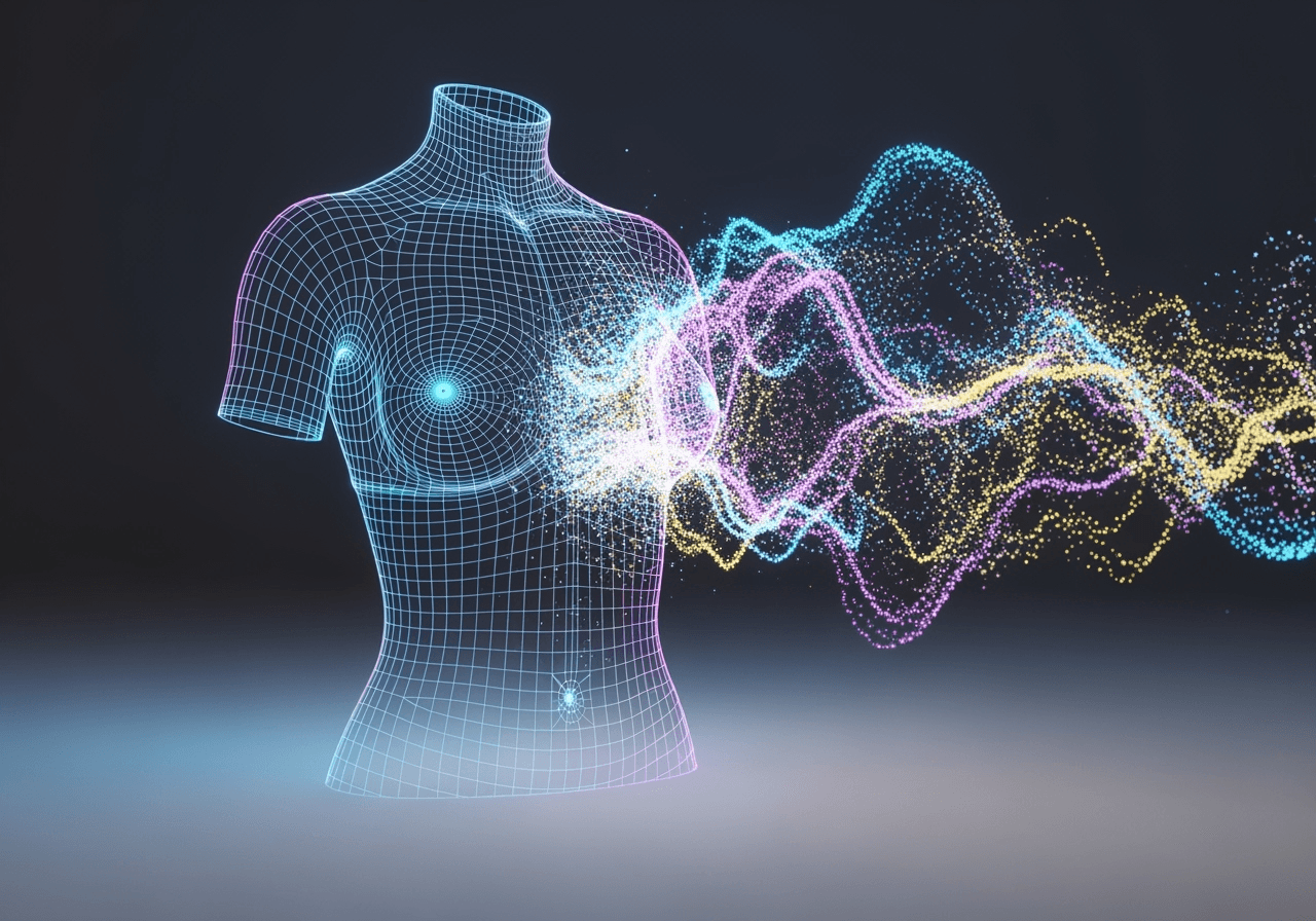 Abstract 3D wireframe of a female character torso being generated by AI.