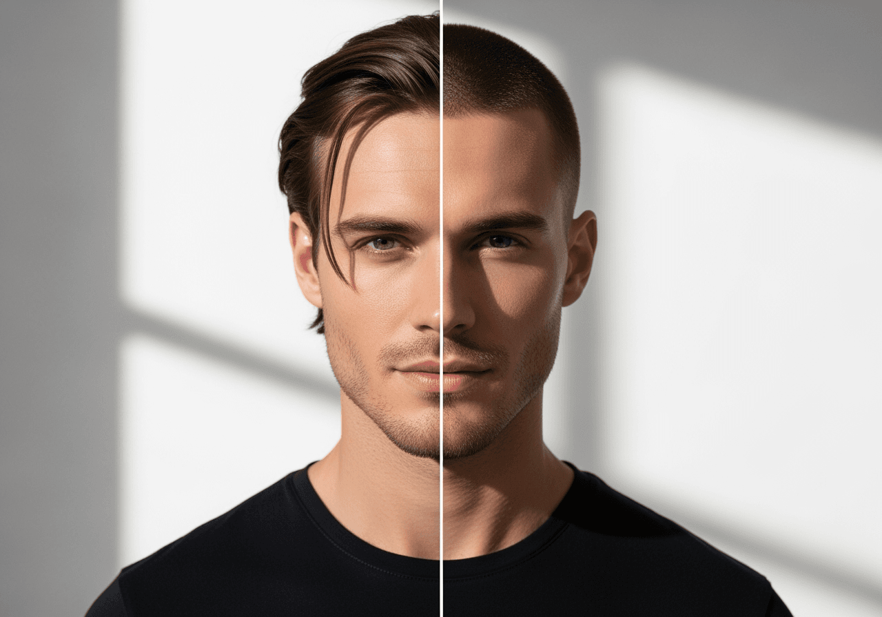 A split-screen image showing a man's before-and-after transformation from medium hair to a realistic AI-generated buzz cut.