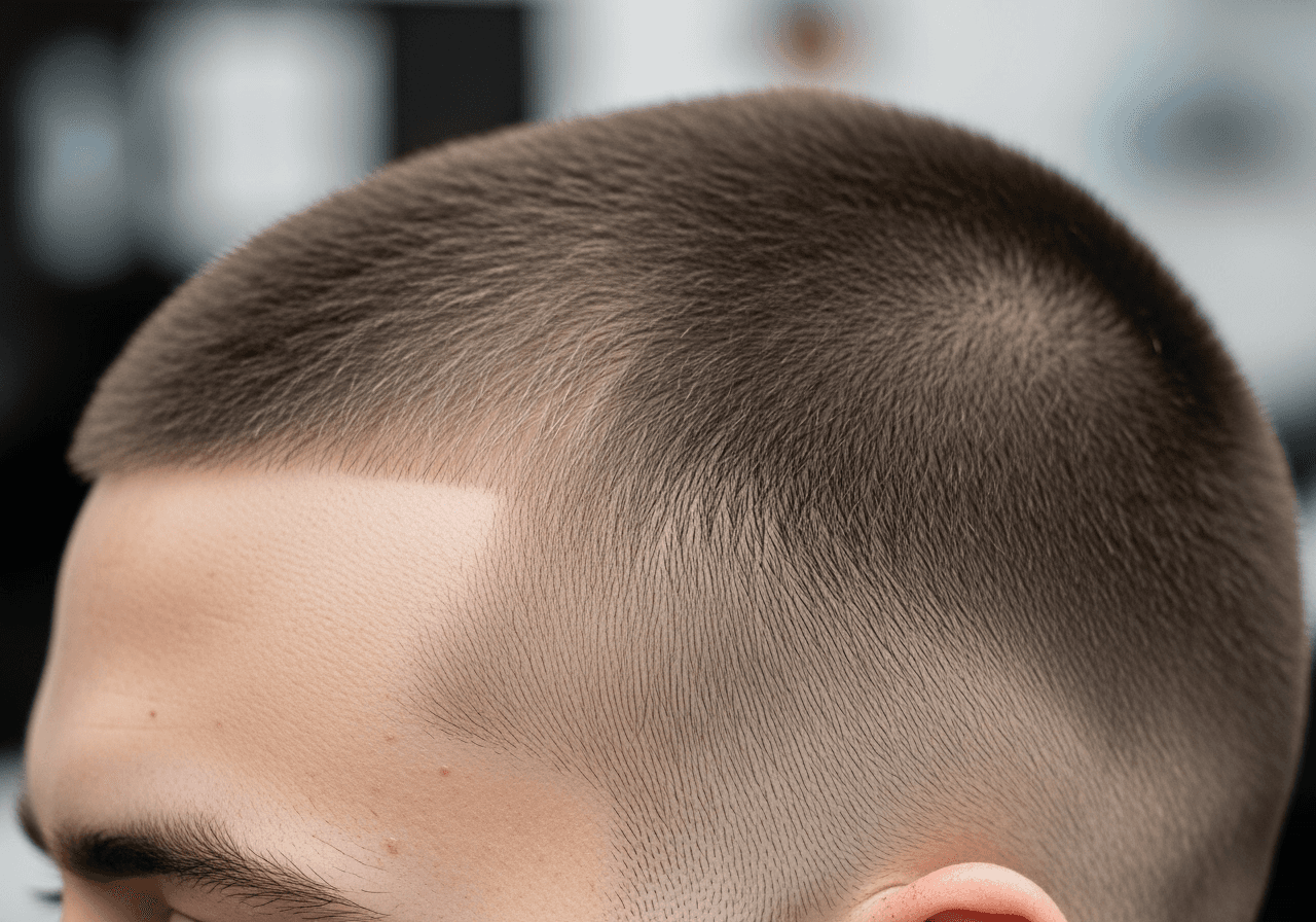 A close-up photograph highlighting the realistic texture and precise hairline of an AI-simulated buzz cut.