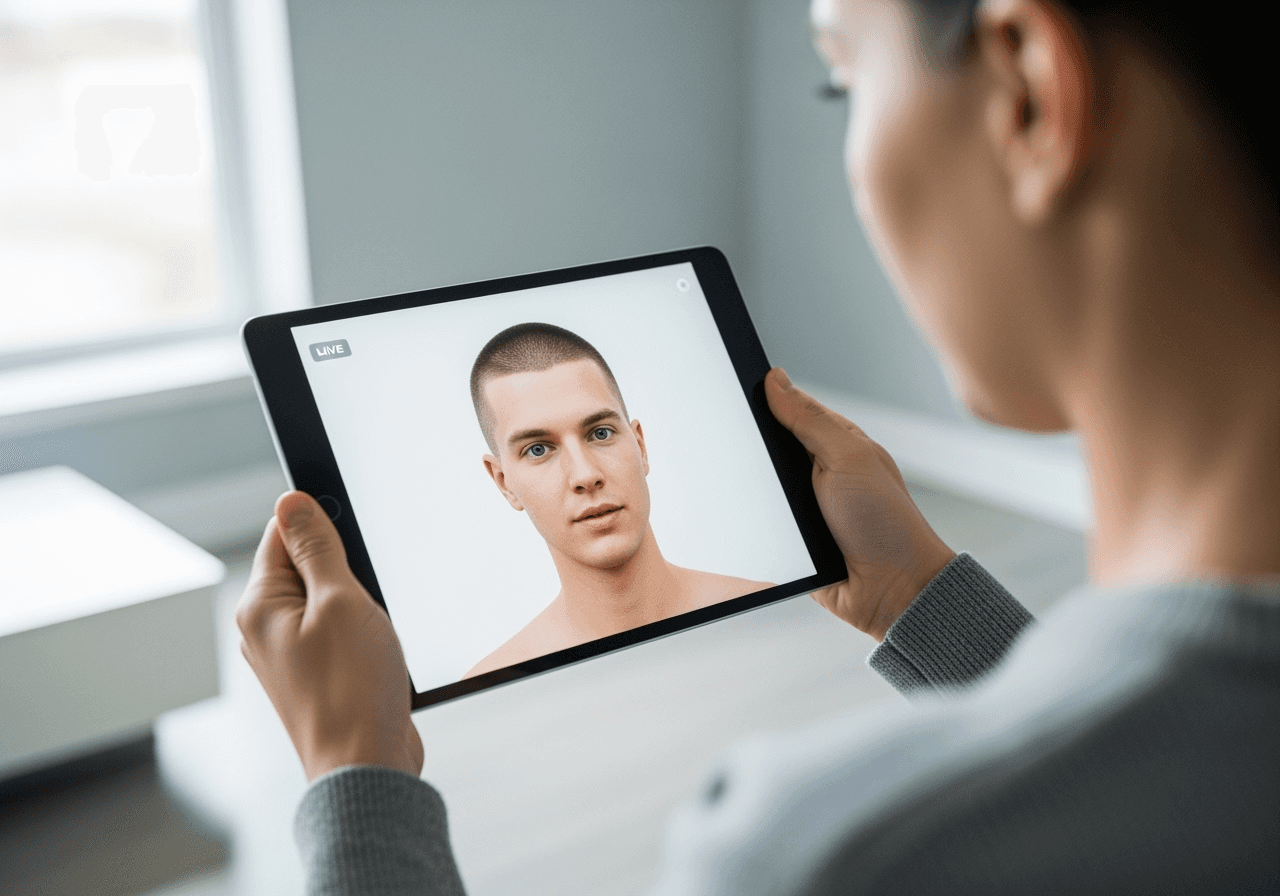A person using a tablet to virtually try on a realistic buzz cut filter on their own photo.