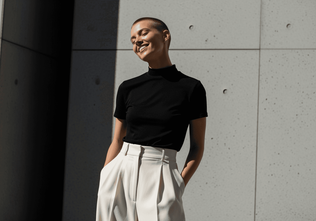A confident and stylish person smiling, looking great with their new, real buzz cut hairstyle.