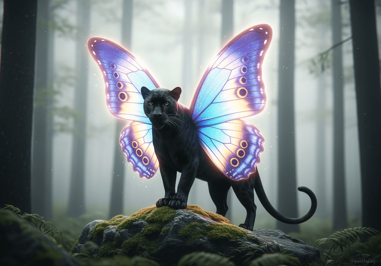 A majestic black panther with vibrant glowing butterfly wings, representing an imaginative AI-generated animal.
