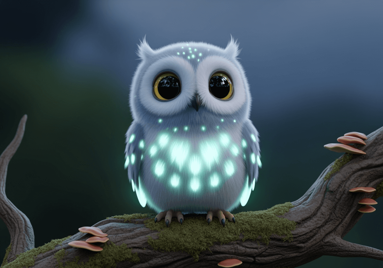 A 3D rendered character of a small, fluffy glowing owl, representing AI-generated assets for games and creative projects.