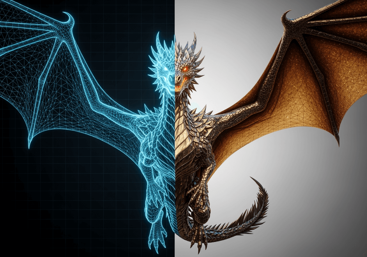 A wireframe of a dragon transforming into a photorealistic image, illustrating the AI animal generation process.