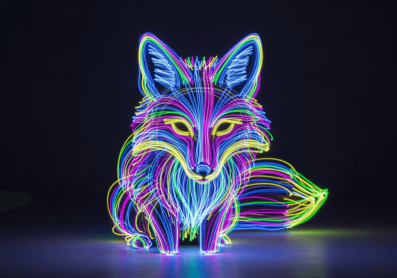 A hyper-realistic fox with glowing neon fur, demonstrating the detailed customization of AI-generated animals.