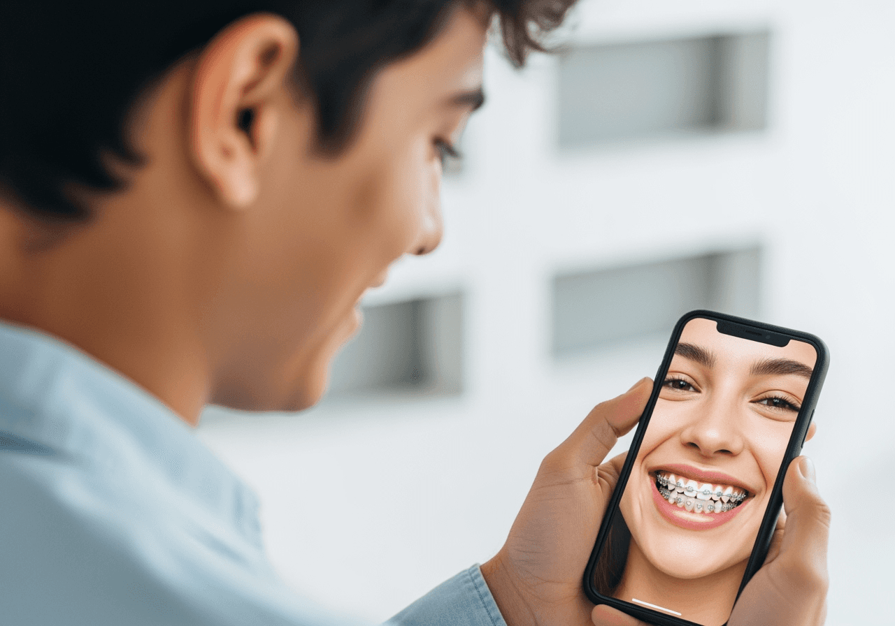 A person happily viewing a photo of themselves with a braces filter on their smartphone.