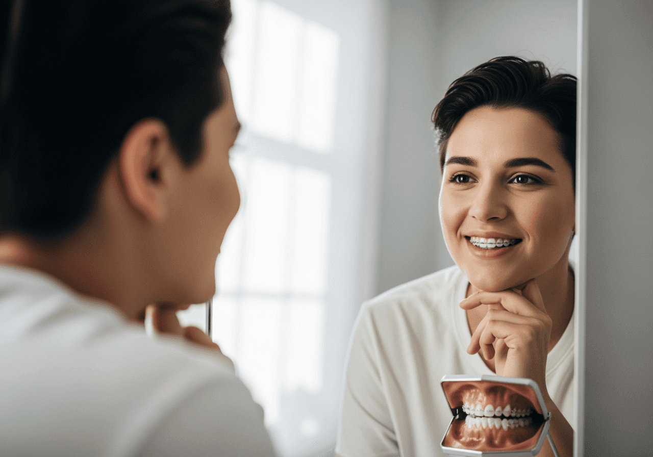 A person looks in a mirror and their reflection has braces, symbolizing a preview of their future look.