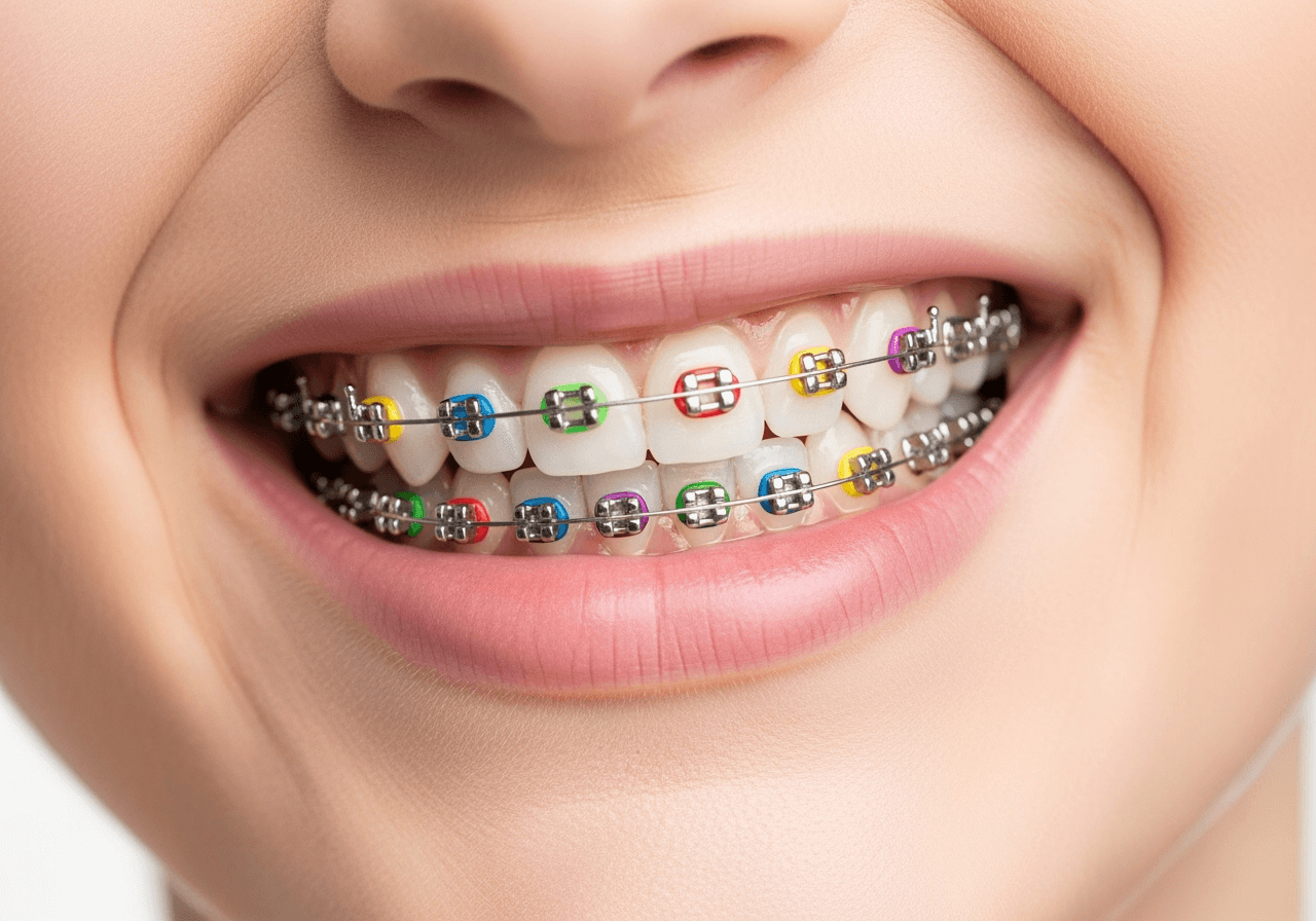 Close-up of a smile with colorful braces, demonstrating the style variety of the braces filter.