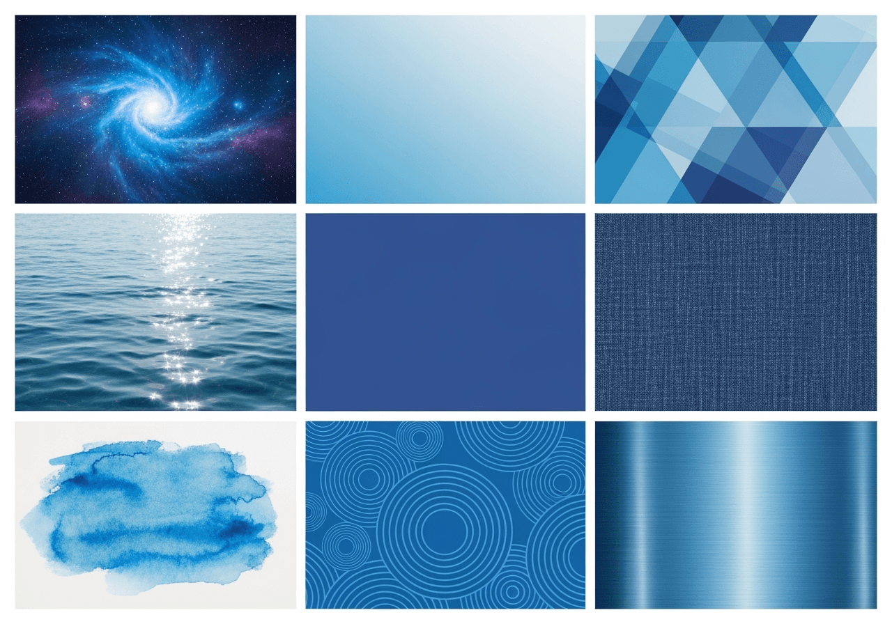 A grid displaying various AI-generated blue backgrounds, from space to abstract patterns.