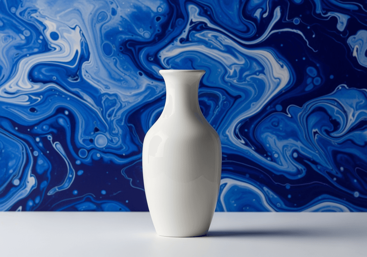 A white vase against a beautiful abstract blue background, showing a custom AI-generated scene.