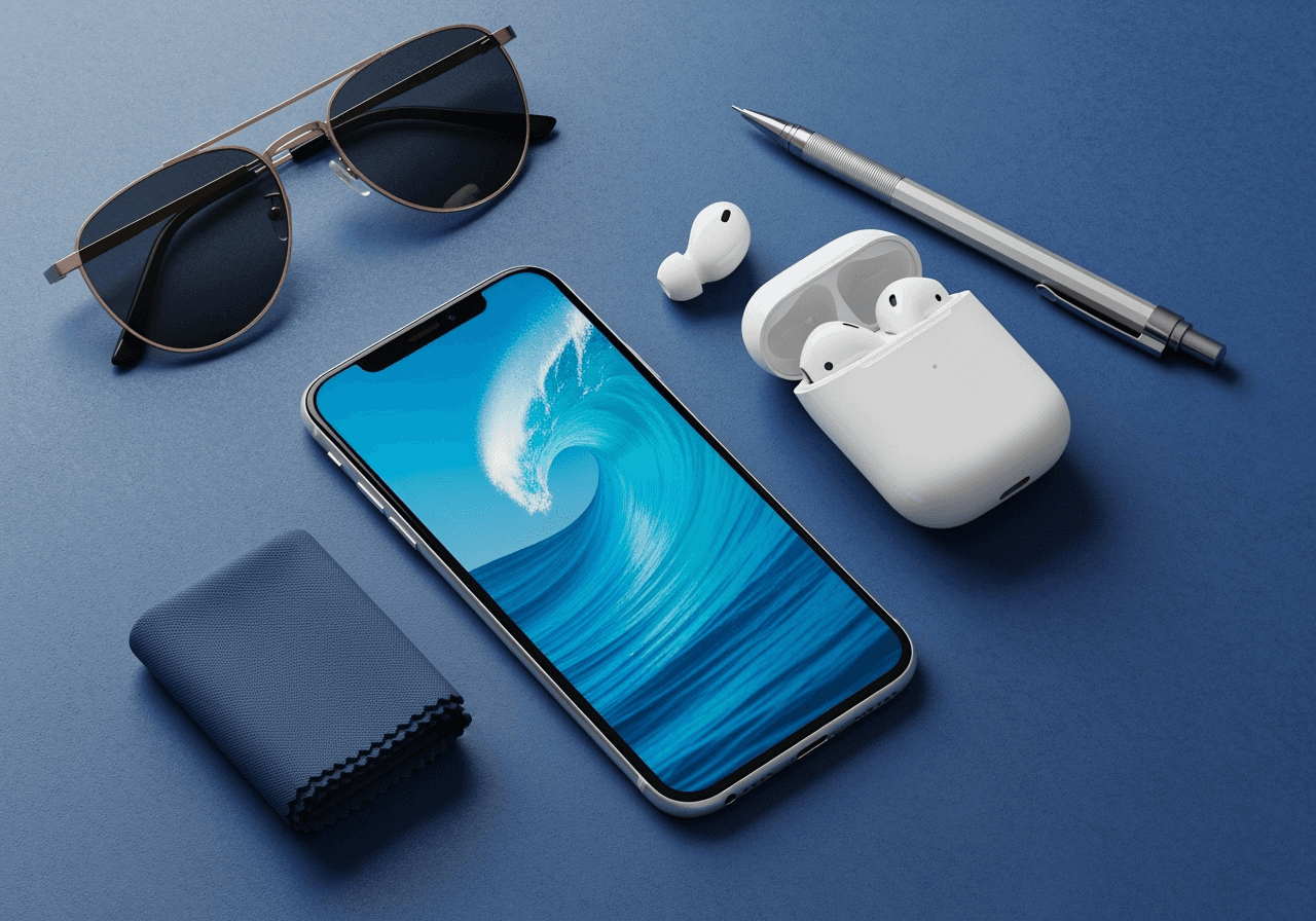 A smartphone and a product displayed with different custom AI-generated blue backgrounds.