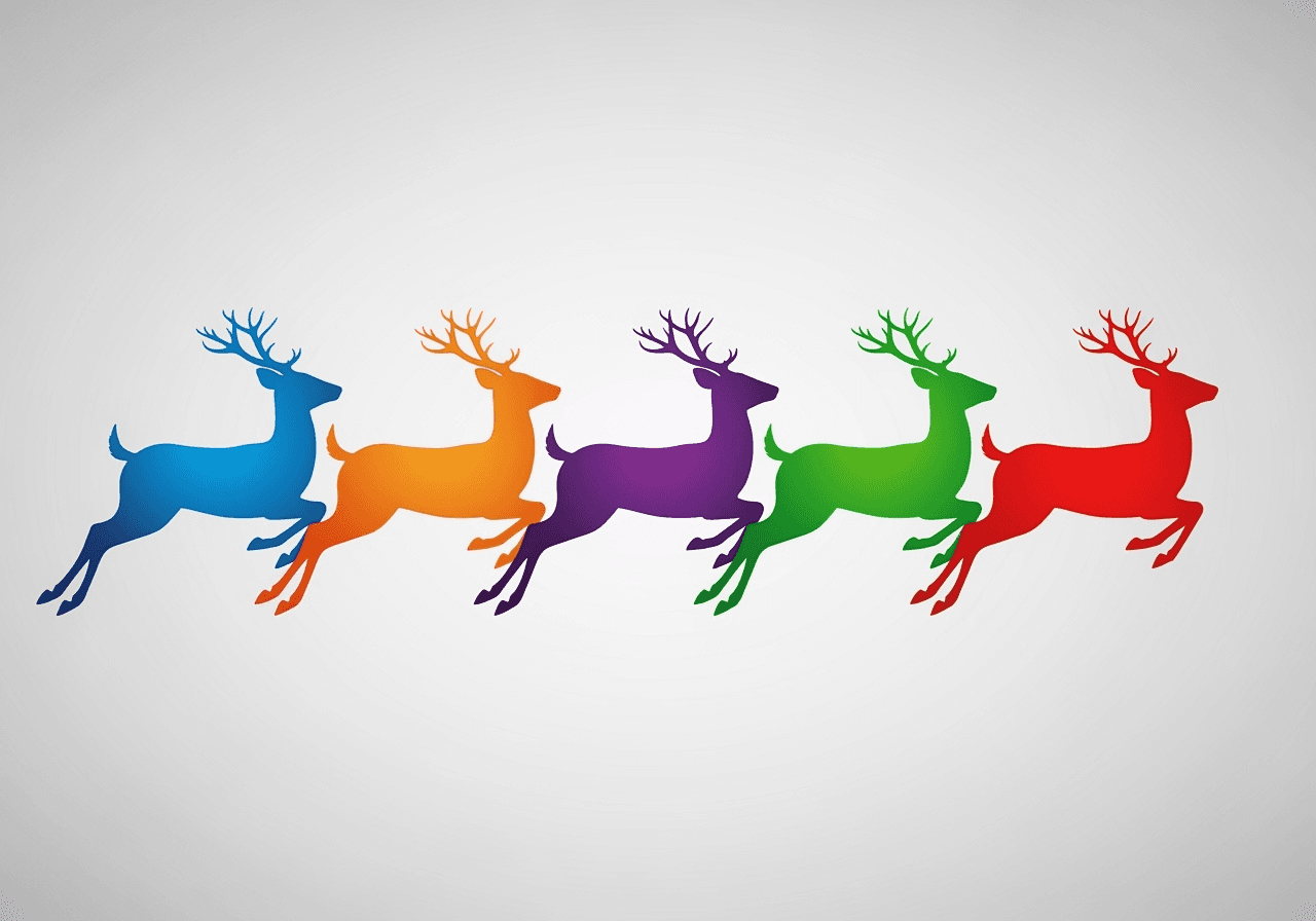 Multiple silhouettes of a running deer, each in a different vibrant color, demonstrating color customization.