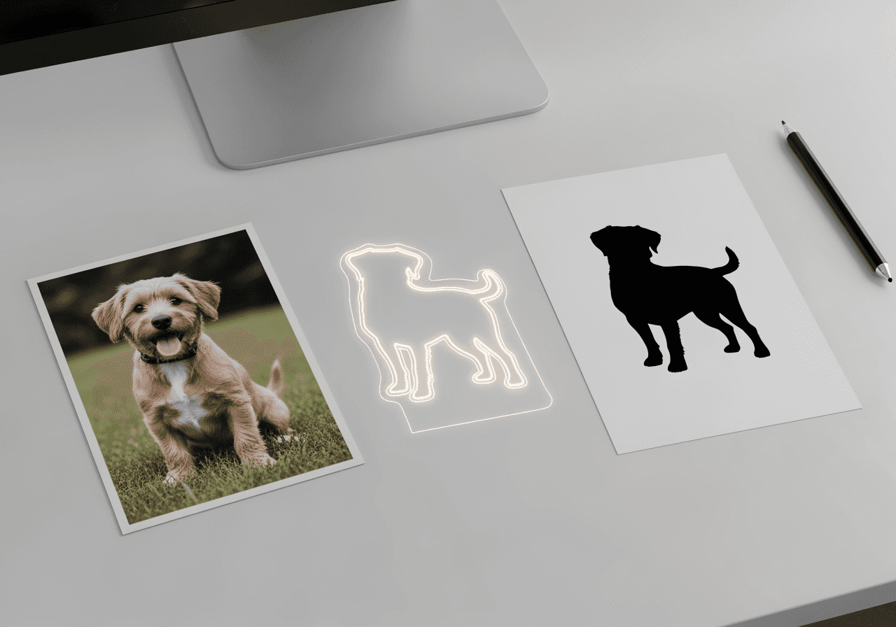 A flat lay photo showing the process of turning a dog's photo into a silhouette art piece.