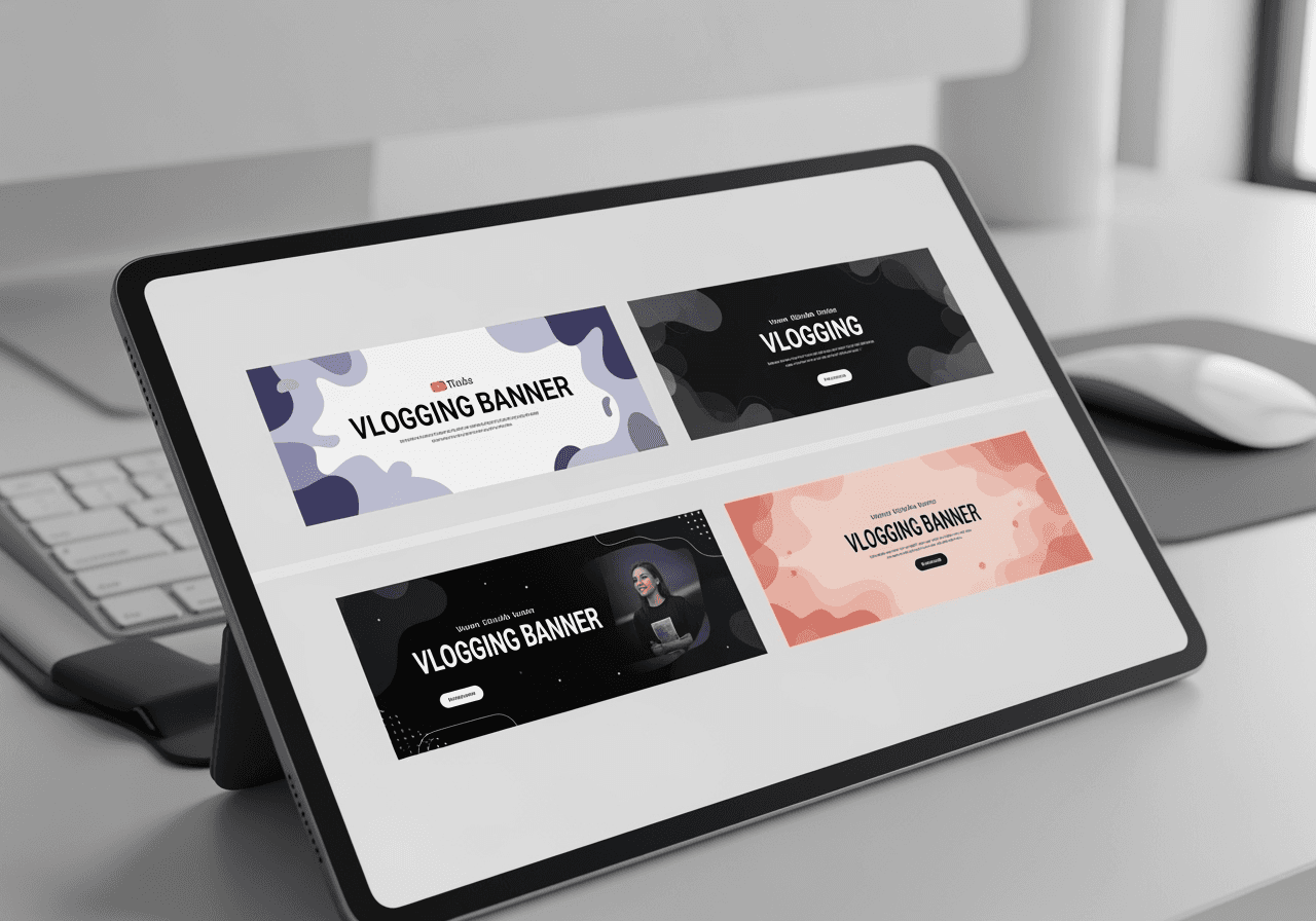 A tablet screen displaying four different AI-generated YouTube banner options for a user to choose from.