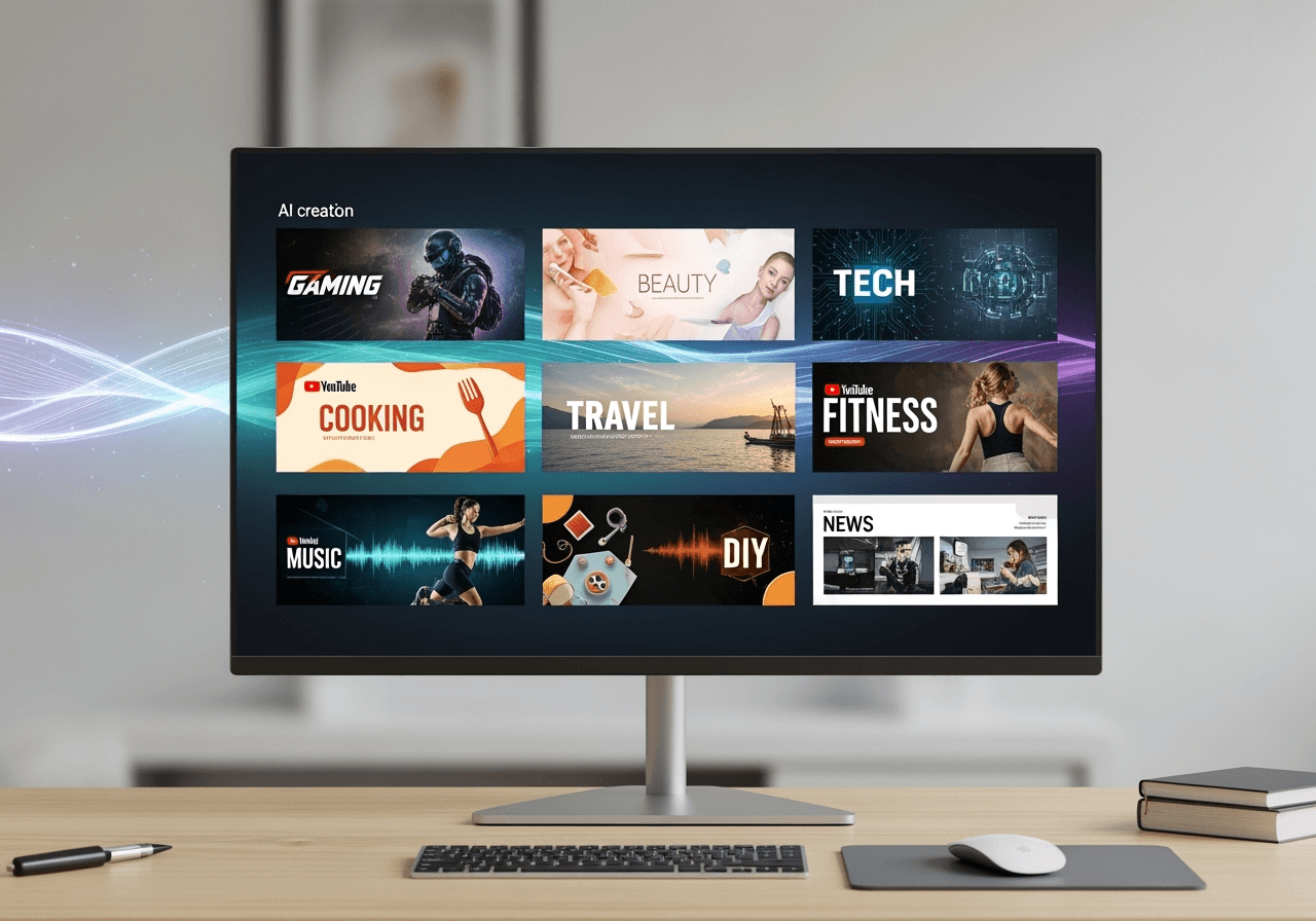 A modern monitor on a clean desk showing multiple AI-generated YouTube banner designs.