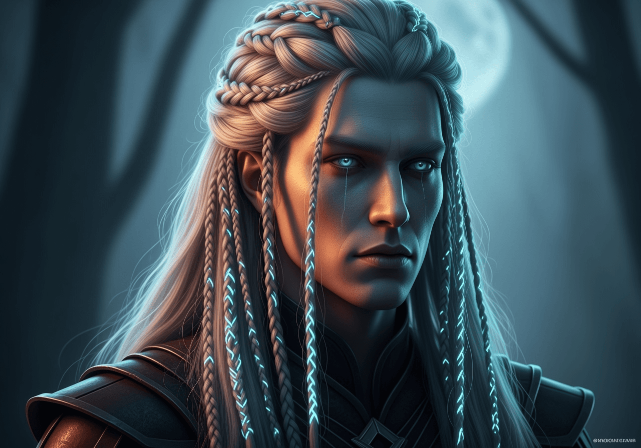 A fantasy character with unique, glowing braided hair created by AI.