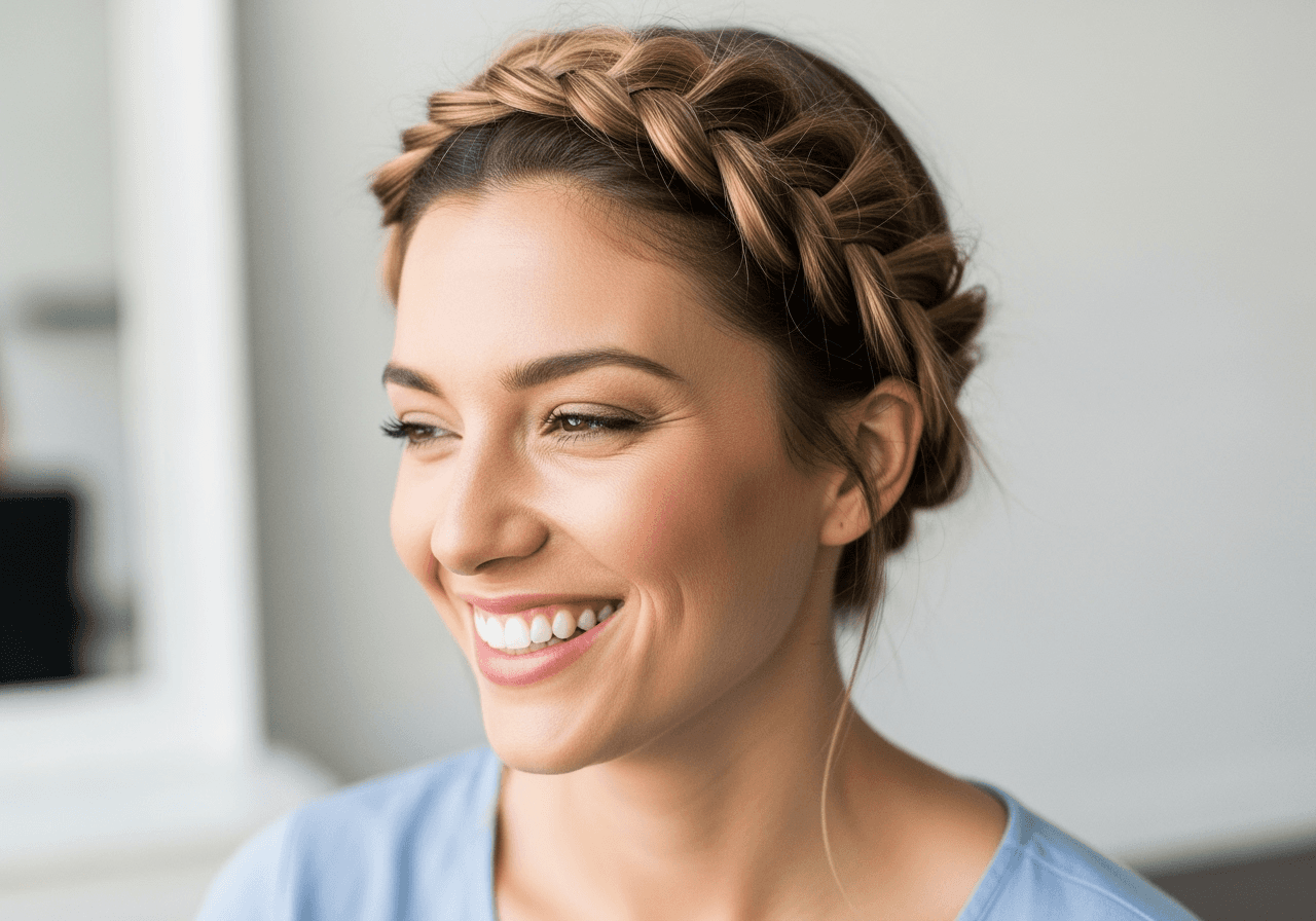 A realistic portrait of a woman with a natural Dutch braid, demonstrating the AI filter feature.