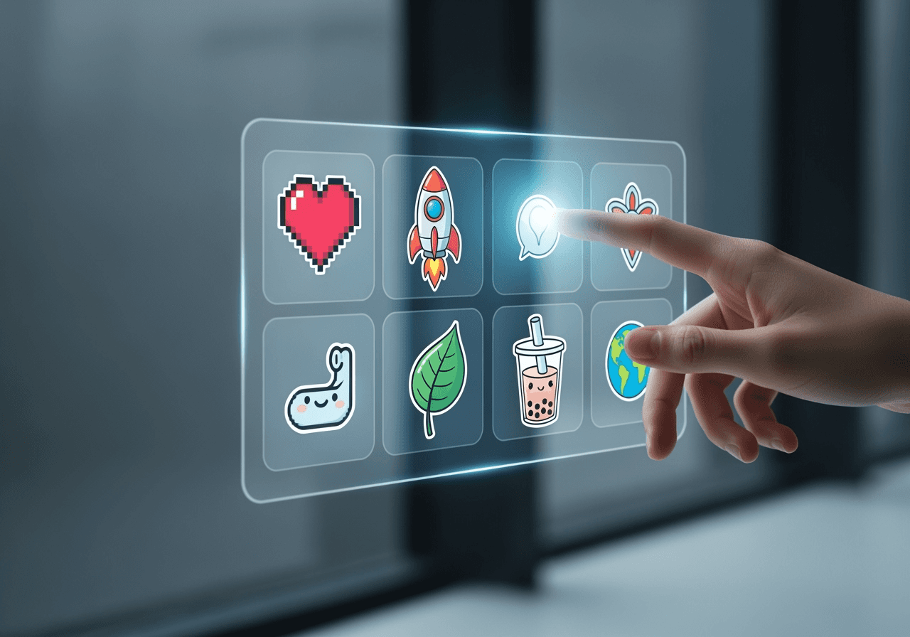 A person selecting a favorite sticker from a grid of AI-generated options on a futuristic interface.
