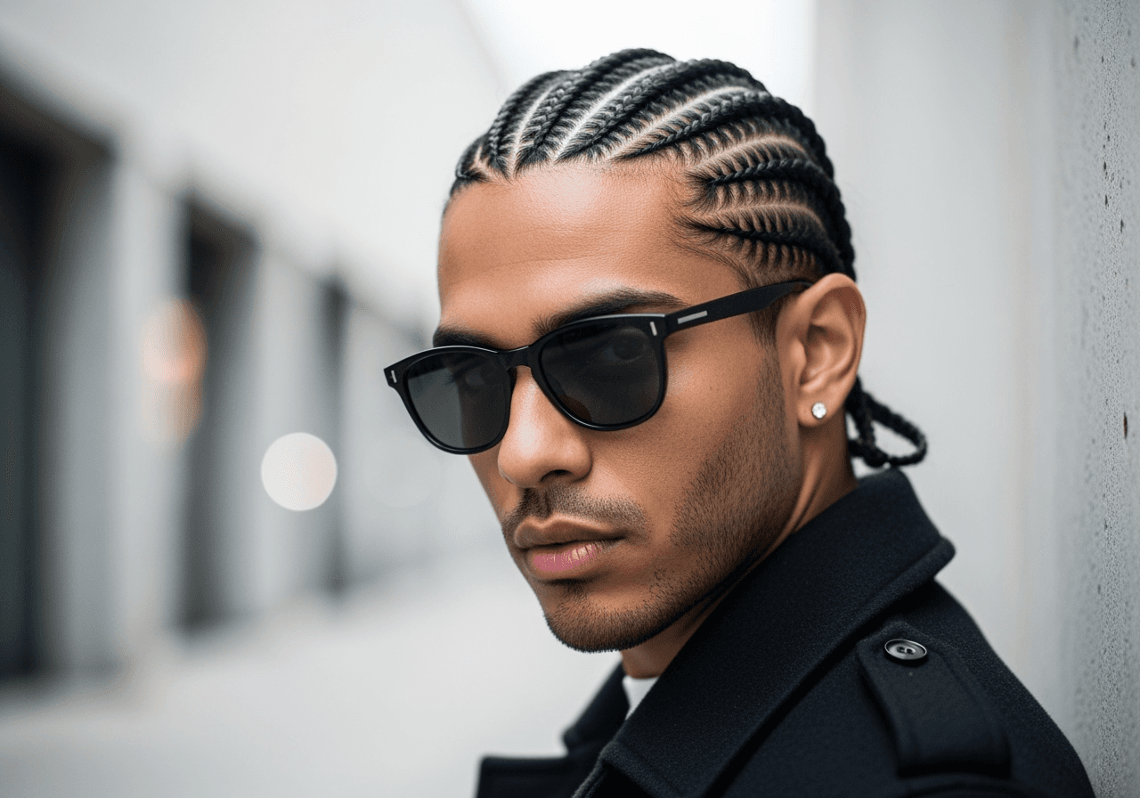 A stylish man with intricate cornrow braids generated by AI.