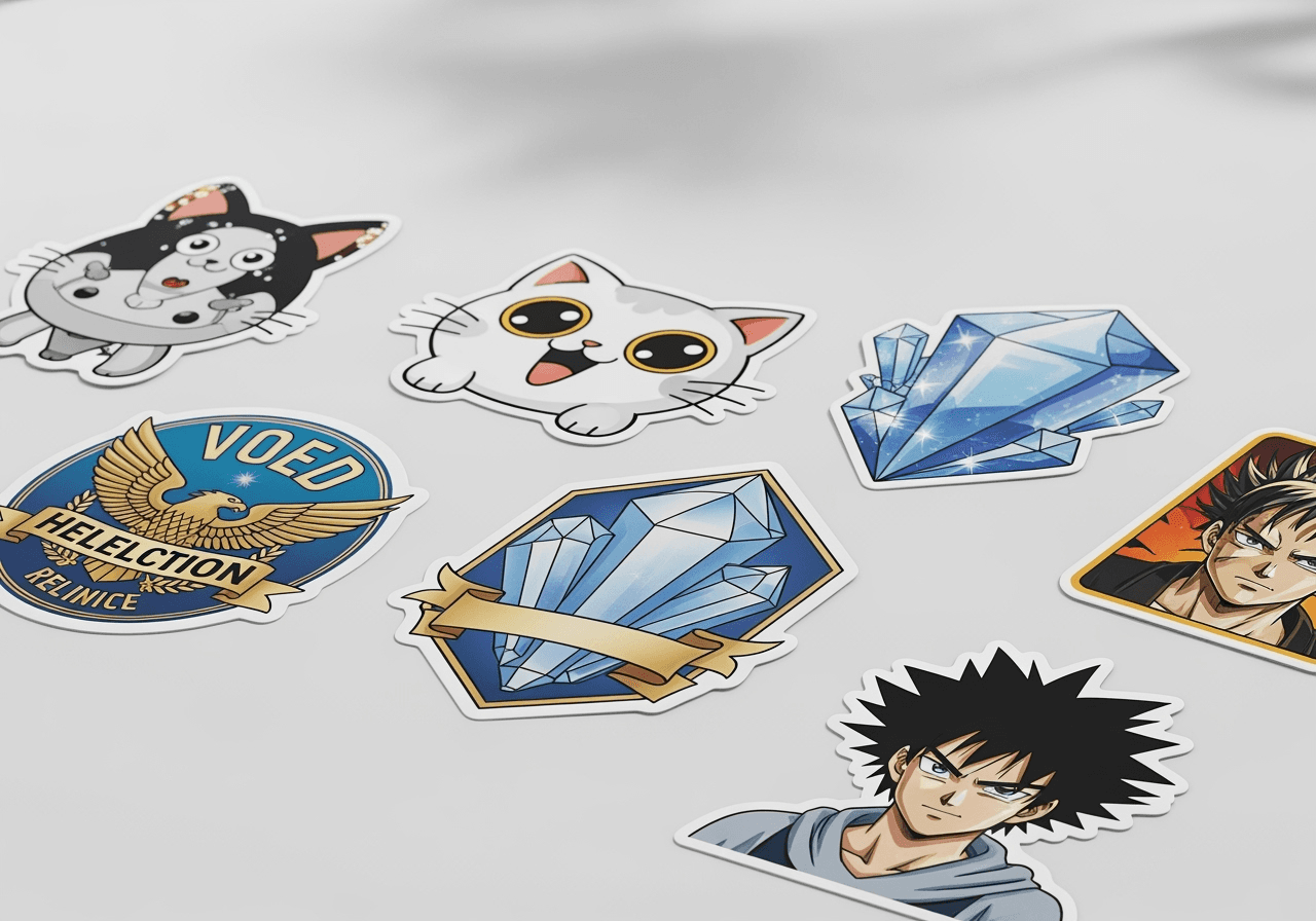 A flat lay of various high-quality AI-generated stickers in different styles on a clean, modern background.