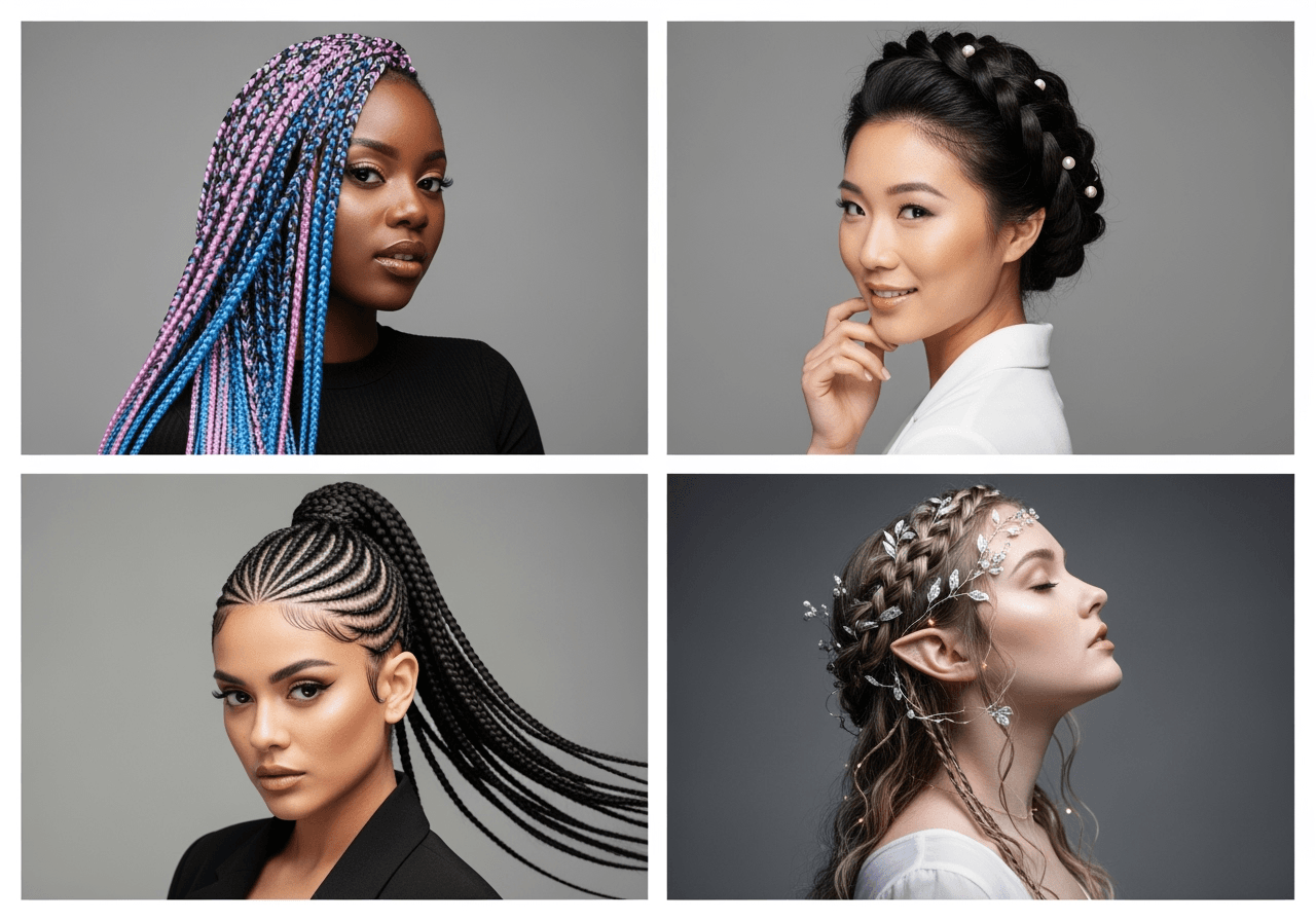 A diverse grid of four women showcasing various AI-generated braided hairstyles.