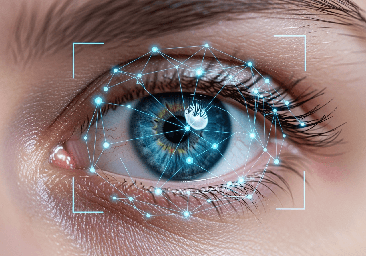 A macro photo of an eye with glowing geometric lines overlaid, symbolizing detailed AI facial analysis.