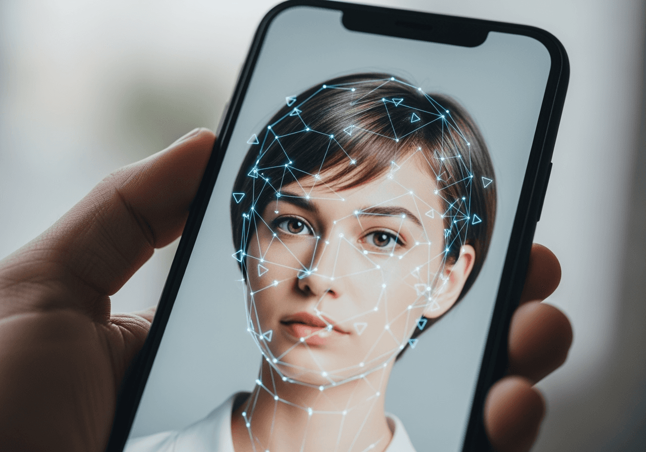 A smartphone screen illustrating AI technology analyzing a face to suggest a new hairstyle.