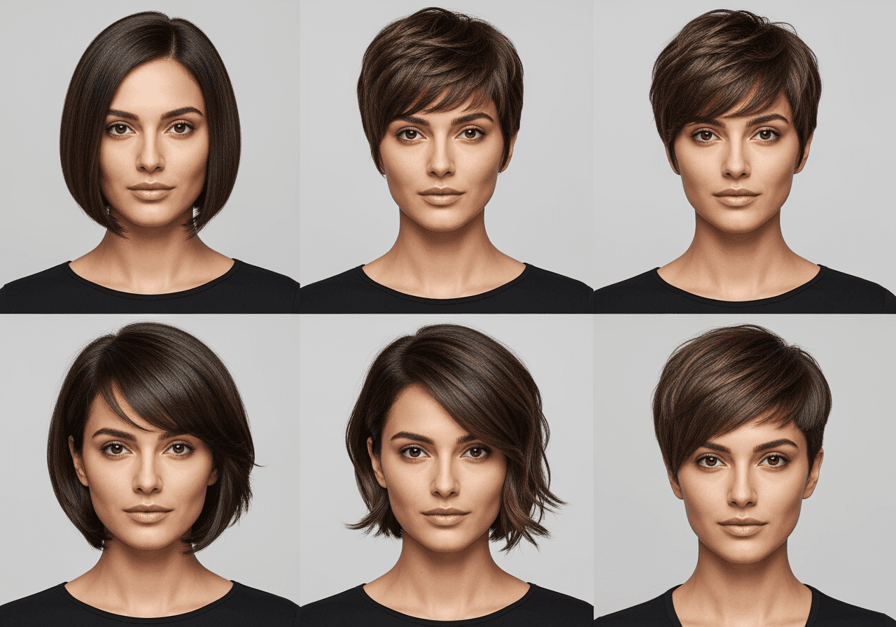 A collage showing one woman trying on four different short hairstyles virtually.