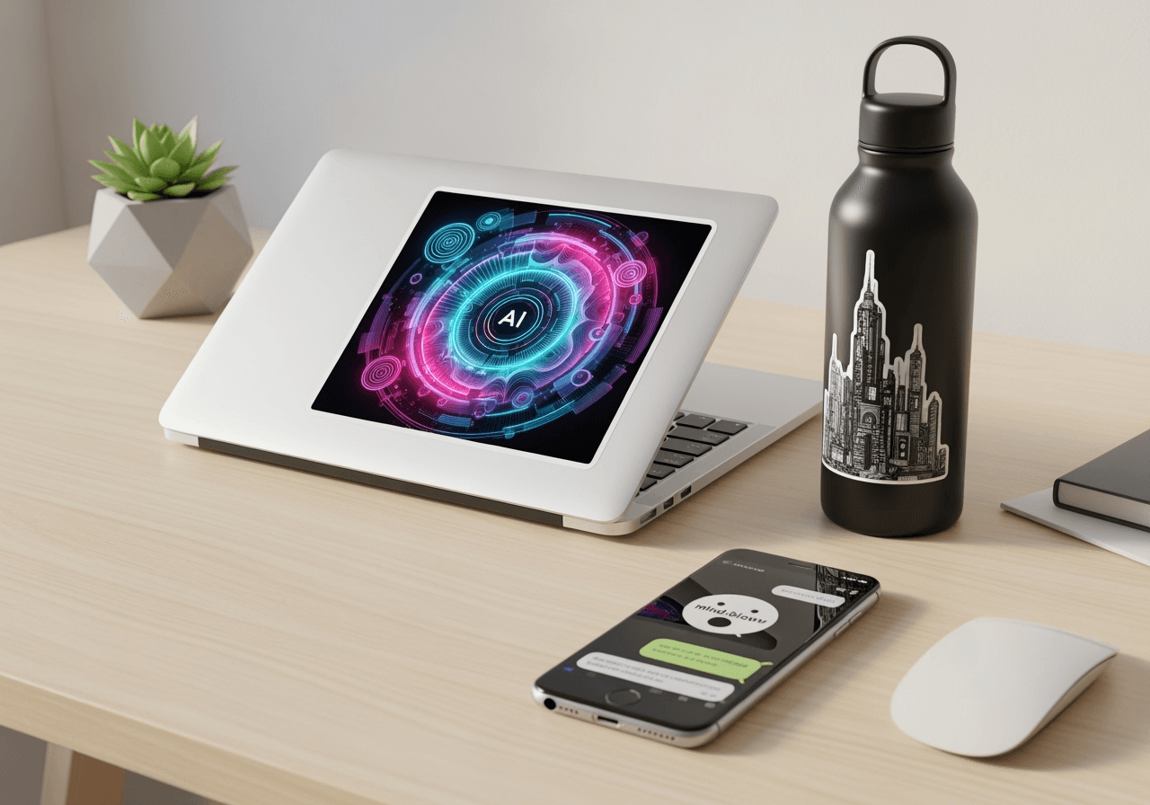 A clean desk showing custom stickers on a laptop and phone, demonstrating versatile, real-world use.